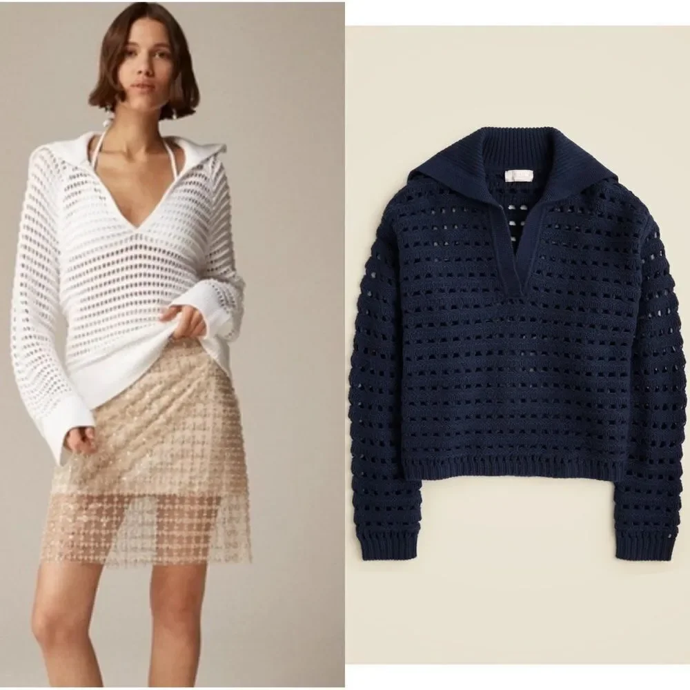 NWT J CREW Collection cashmere sailor-collar pointelle sweater in navy